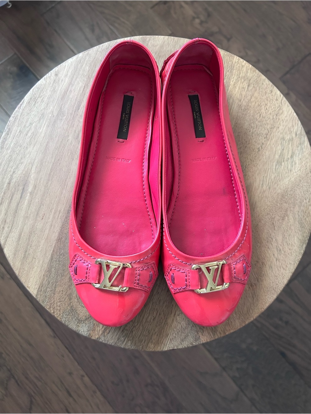 Louis Vuitton Hot Pink Patent Ballet Flats with Gold LV Accent